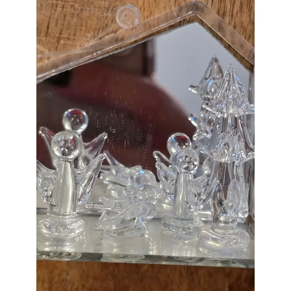 VTG Clear Blown Glass Nativity Ornament with Mirror Background Christian READ